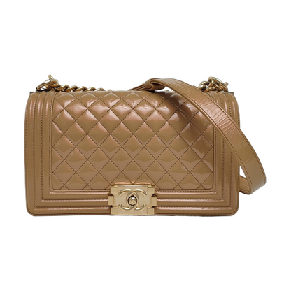 CHANEL BOY CHANEL Medium Brown Patent Leather Quilted Shoulder Bag Crossbody Bag with Detachable Strap Gold Hardware 22 Compartments-(SKU)-971345754