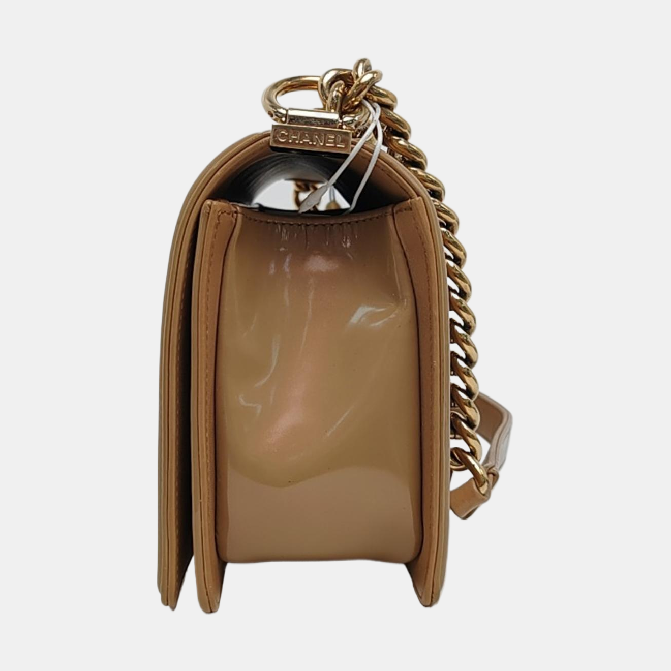 CHANEL BOY CHANEL Medium Brown Patent Leather Quilted Shoulder Bag Crossbody Bag with Detachable Strap Gold Hardware 22 Compartments-(SKU)-971345754