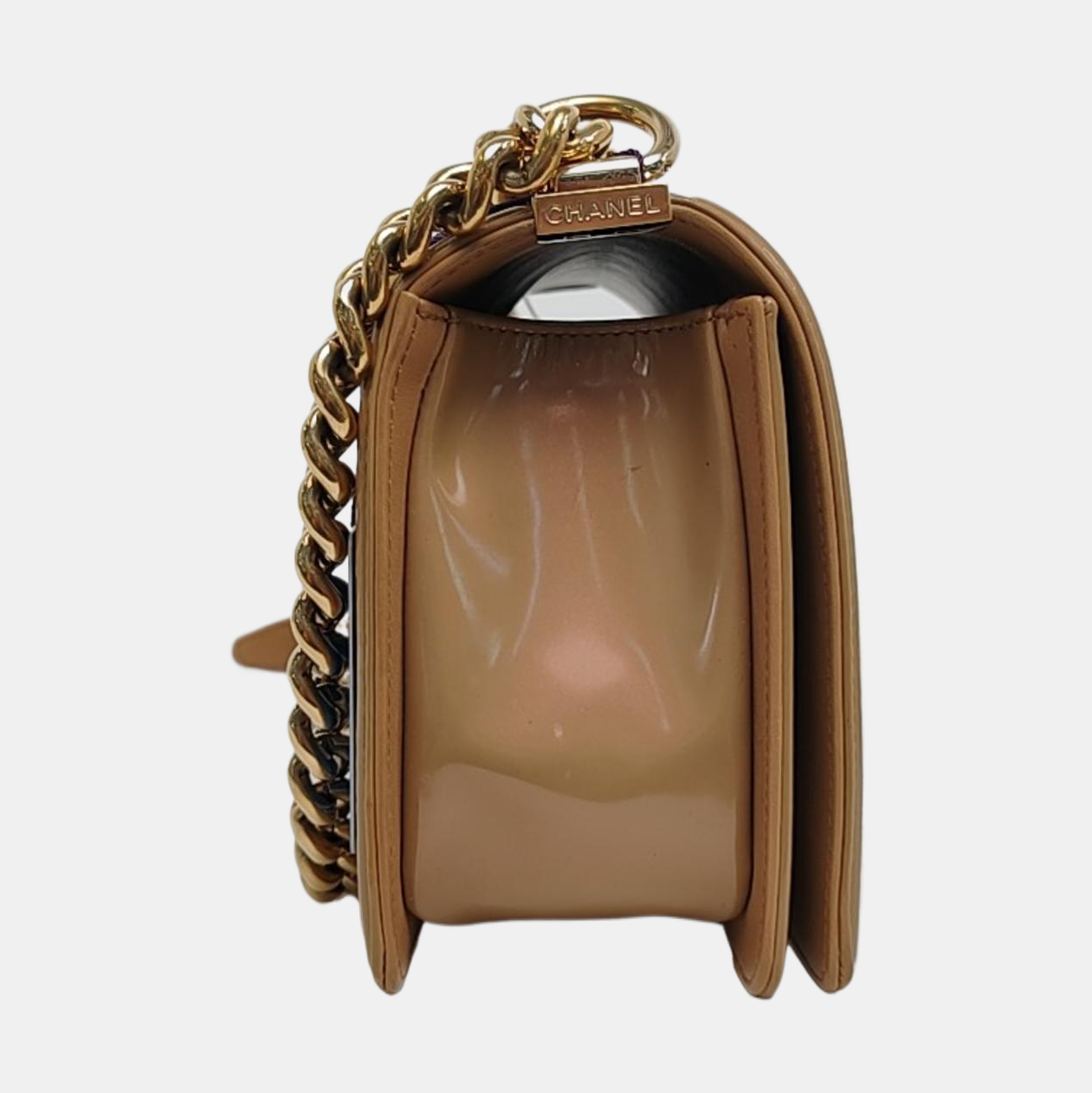 CHANEL BOY CHANEL Medium Brown Patent Leather Quilted Shoulder Bag Crossbody Bag with Detachable Strap Gold Hardware 22 Compartments-(SKU)-971345754