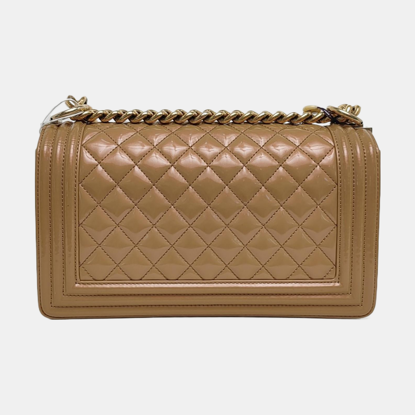 CHANEL BOY CHANEL Medium Brown Patent Leather Quilted Shoulder Bag Crossbody Bag with Detachable Strap Gold Hardware 22 Compartments-(SKU)-971345754