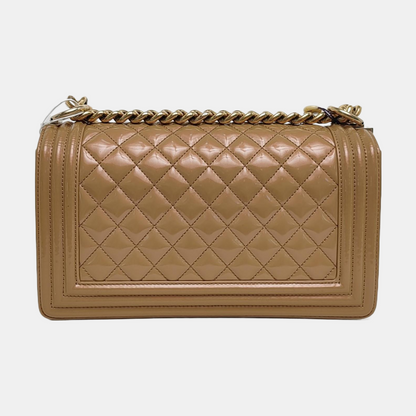 CHANEL BOY CHANEL Medium Brown Patent Leather Quilted Shoulder Bag Crossbody Bag with Detachable Strap Gold Hardware 22 Compartments-(SKU)-971345754