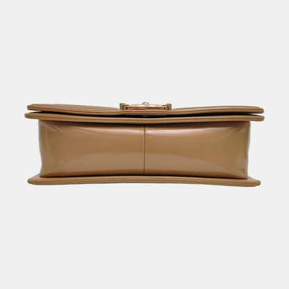 CHANEL BOY CHANEL Medium Brown Patent Leather Quilted Shoulder Bag Crossbody Bag with Detachable Strap Gold Hardware 22 Compartments-(SKU)-971345754