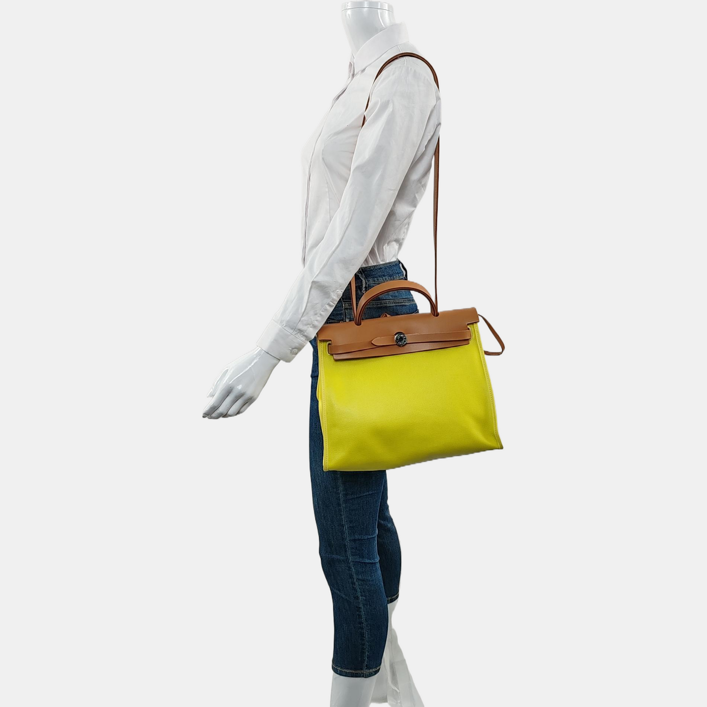 HERMÈS Herbag 31 Lemon Yellow Coated Canvas Shoulder Bag Tote Bag with Detachable Strap and B Stamp Accessories Included-(SKU)-971138279