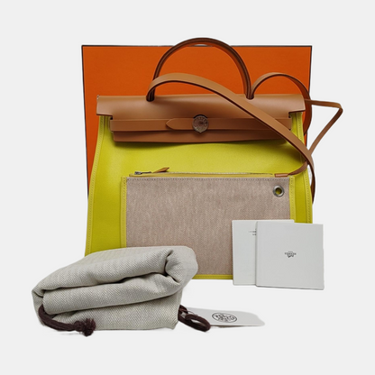 HERMÈS Herbag 31 Lemon Yellow Coated Canvas Shoulder Bag Tote Bag with Detachable Strap and B Stamp Accessories Included-(SKU)-971138279