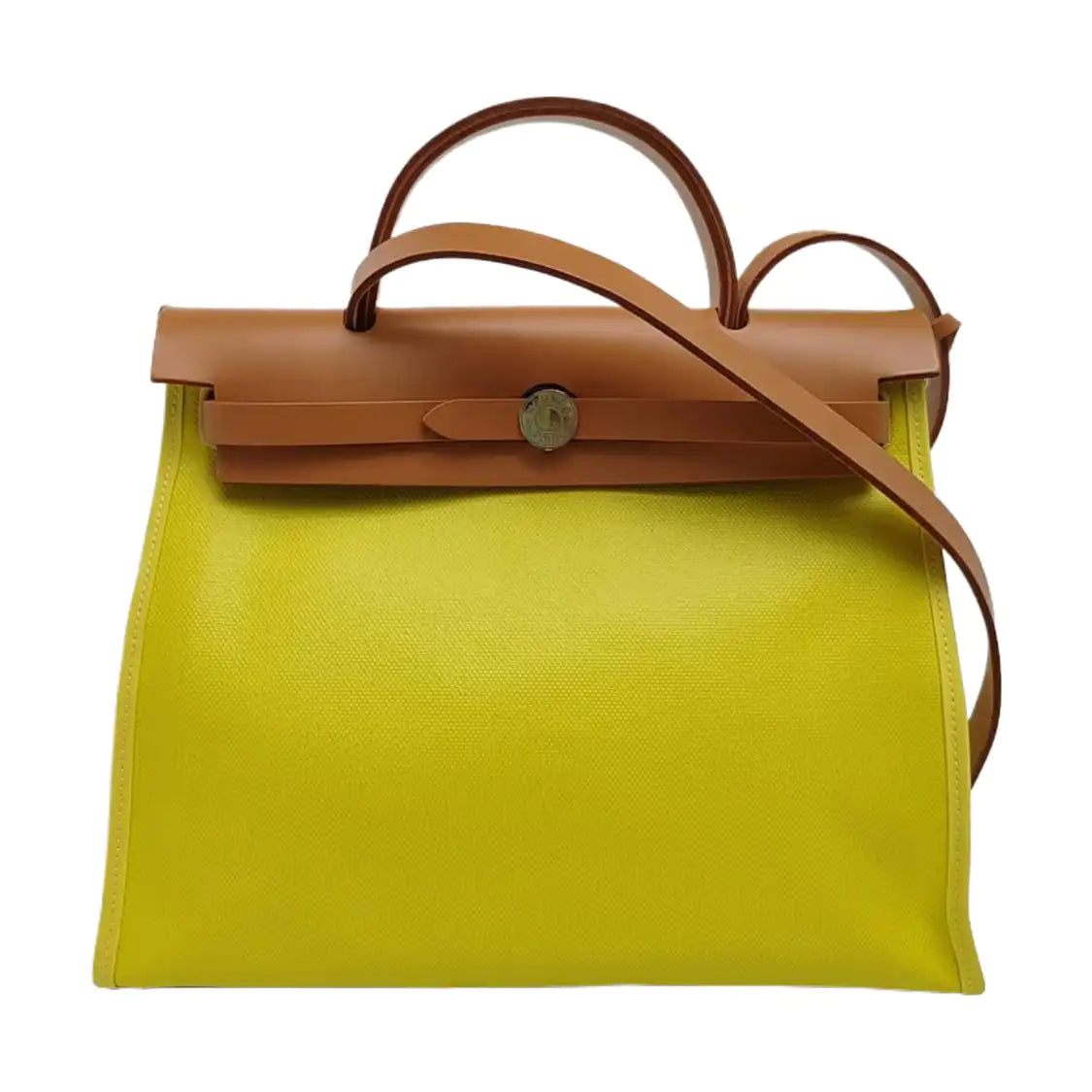HERMÈS Herbag 31 Lemon Yellow Coated Canvas Shoulder Bag Tote Bag with Detachable Strap and B Stamp Accessories Included-(SKU)-971138279