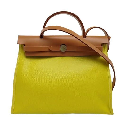 HERMÈS Herbag 31 Lemon Yellow Coated Canvas Shoulder Bag Tote Bag with Detachable Strap and B Stamp Accessories Included-(SKU)-971138279