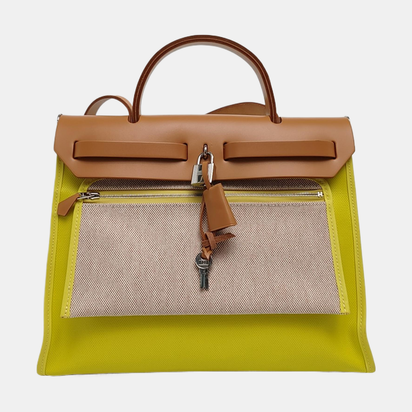 HERMÈS Herbag 31 Lemon Yellow Coated Canvas Shoulder Bag Tote Bag with Detachable Strap and B Stamp Accessories Included-(SKU)-971138279