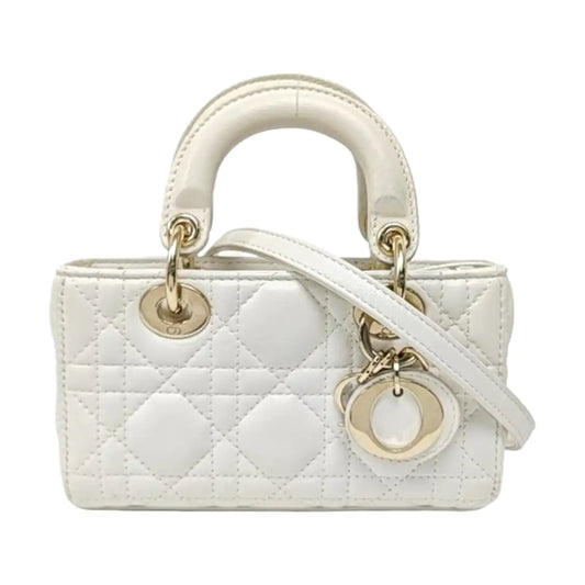 DIOR Lady D-Joy Super Mini White Lamb Leather Quilted Grained Bag Crossbody Bag Shoulder Bag Tote Bag Adjustable Strap Shiny Gold Hardware Removable Strap Complete Accessories-(SKU)-953440514