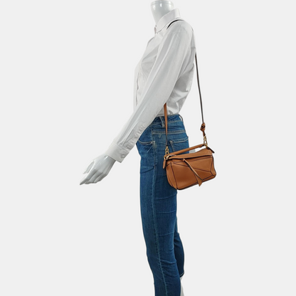 LOEWE Puzzle Mini Brown Leather Geometric Shoulder Bag, Golden Hardware, Removable Strap-(SKU)-971334160