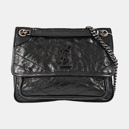 YSL NIKI Medium Black Calfskin Quilted V-Stripe Shoulder Bag and Crossbody with Black Rhodium-Plated Hardware-(SKU)-971324466