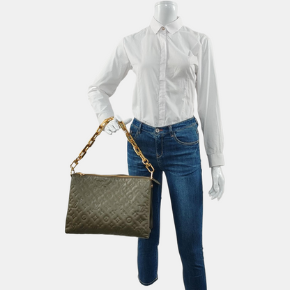 LOUIS VUITTON COUSSIN Medium Light Green Calfskin Embossed Monogram Shoulder Bag with Removable Strap-(SKU)-970968611