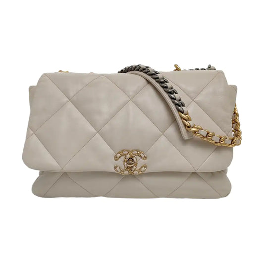 CHANEL CHANEL 19 Maxi Super Large White Lamb Skin Quilted Shoulder Bag Tote Bag Crossbody Golden Silver Ruthenium Hardware 30cm-(SKU)-971521605