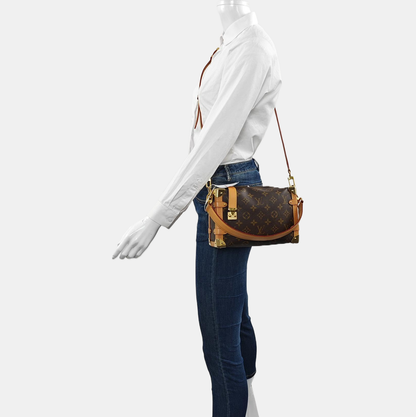 LOUIS VUITTON SIDE TRUNK Medium Monogram Brown Coated Canvas Riveted Soft Box Shoulder Bag Crossbody Bag Golden Hardware 2 Removable Straps-(SKU)-971266258