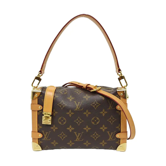 LOUIS VUITTON SIDE TRUNK Medium Monogram Brown Coated Canvas Riveted Soft Box Shoulder Bag Crossbody Bag Golden Hardware 2 Removable Straps-(SKU)-971266258