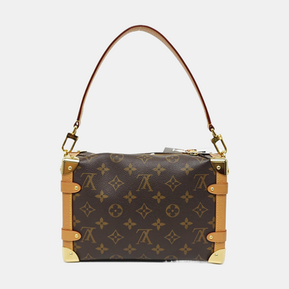 LOUIS VUITTON SIDE TRUNK Medium Monogram Brown Coated Canvas Riveted Soft Box Shoulder Bag Crossbody Bag Golden Hardware 2 Removable Straps-(SKU)-971266258