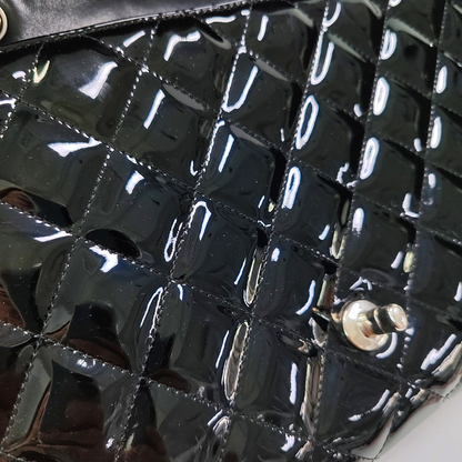 CHANEL CLASSIC FLAP Large Size Black Patent Calfskin Quilted Jumbo Crossbody Bag Shoulder Bag Silver Hardware 13 Opening-(SKU)-954460430