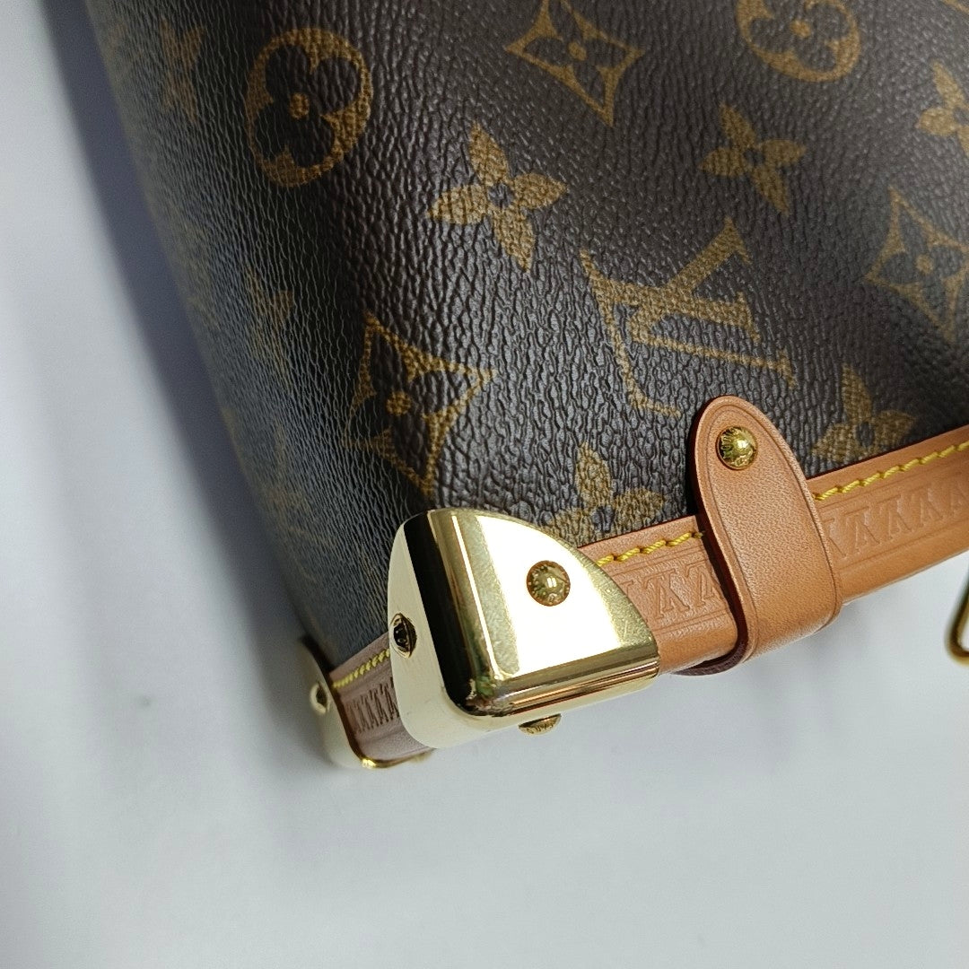 LOUIS VUITTON SIDE TRUNK Medium Monogram Brown Coated Canvas Riveted Soft Box Shoulder Bag Crossbody Bag Golden Hardware 2 Removable Straps-(SKU)-971266258