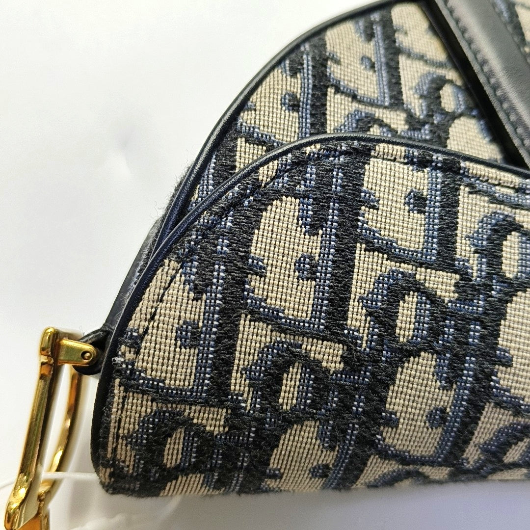 DIOR Saddle Blue Canvas Monogram Saddle Bag Handbag Shoulder Bag Crossbody Bag with Gold Hardware Removable Strap-(SKU)-969434186