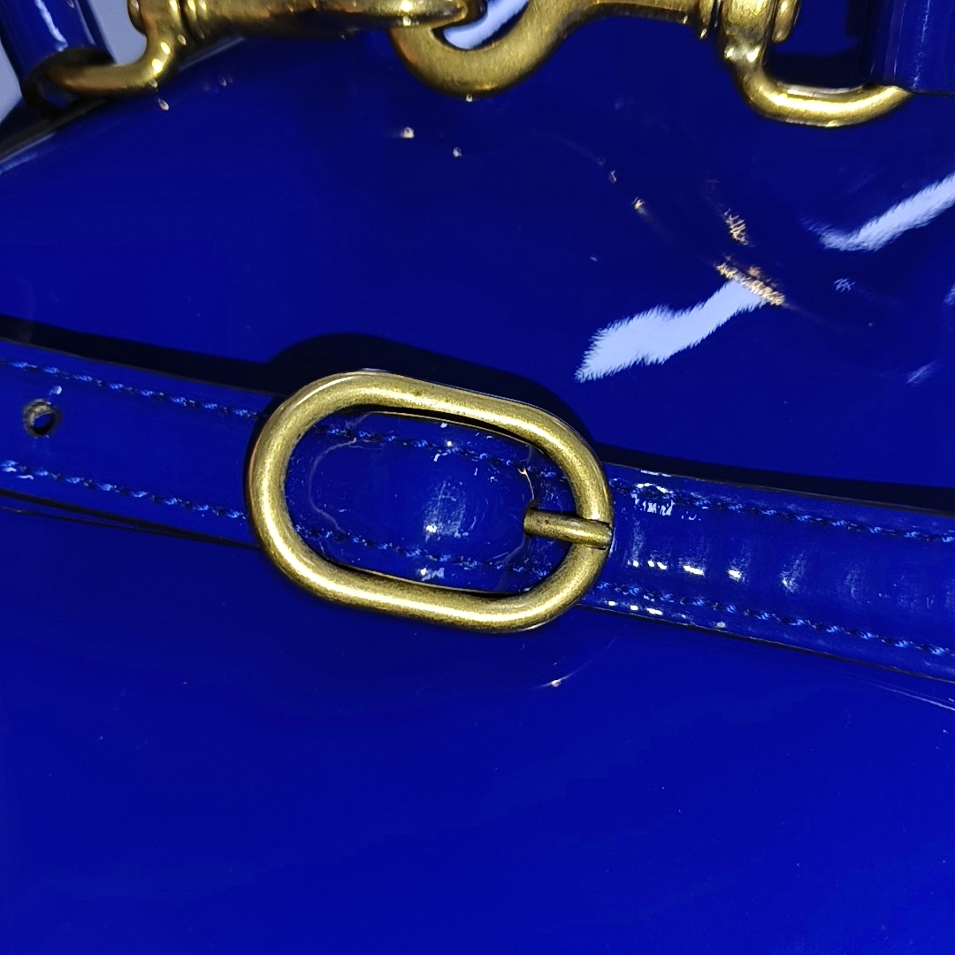 GUCCI Bright Bit Navy Blue Patent Leather Buckle Shoulder Bag Tote Crossbody Golden hardware Removable shoulder strap-(SKU)-939934256