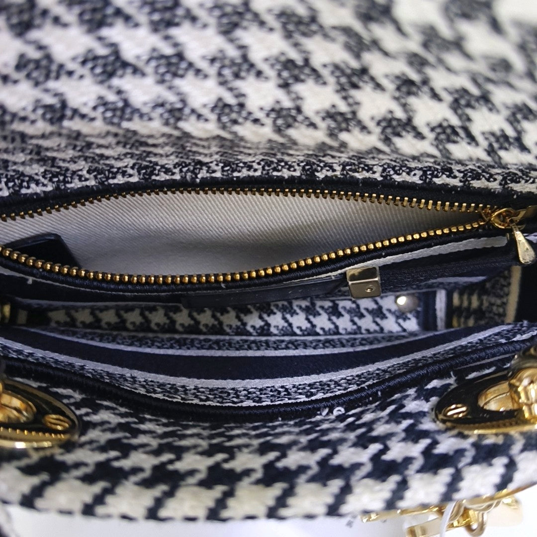 DIOR Lady Dior Mini Black Canvas Embroidered Shoulder Bag Tote Crossbody Bag with Detachable Strap-(SKU)-967459820