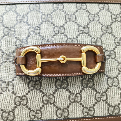 GUCCI Horsebit 1955 Small Size Beige Coated Canvas Monogram Horsebit Saddle Bag Crossbody Bag Shoulder Bag Gold Hardware-(SKU)-958962593
