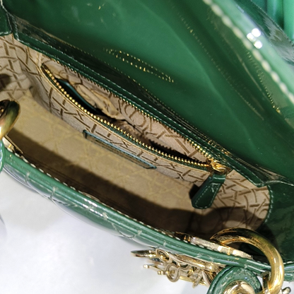 DIOR Lady Dior Mini Dark Green Patent Lamb Skin Quilted Diaper Bag 3-Compartment Shoulder Bag Tote Bag Crossbody Bag Golden Hardware Removable Strap-(SKU)-947300557