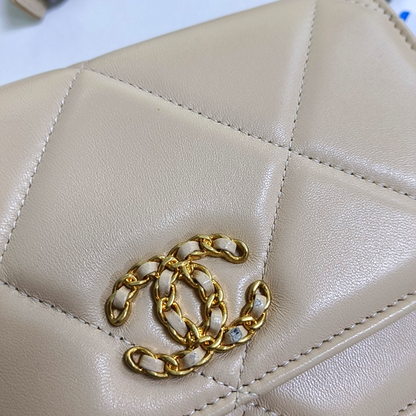 CHANEL CHANEL 19 WOC Beige Lamb Skin Quilted Stitched Crossbody Shoulder Bag Handbag Tote Bag Golden Silver Rhodium Hardware 31 Clasp-(SKU)-949178375