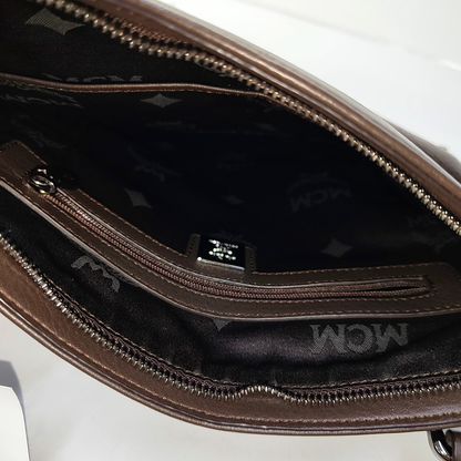 MCM Dark Brown Leather Cutout Crossbody Shoulder Bag Silver Hardware-(SKU)-944545027