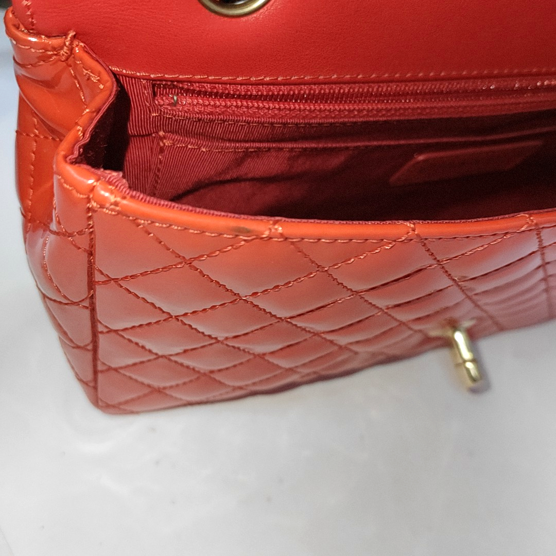 CHANEL CLASSIC FLAP medium size red patent leather quilted shoulder bag with 13 chain links, gold and black and red hardware-(SKU)-931805399