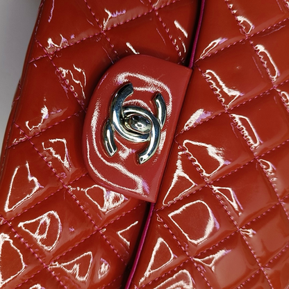 CHANEL CLASSIC FLAP Orange Patent Leather Quilted Crossbody Shoulder Bag with Silver Hardware, 14K-(SKU)-959565194