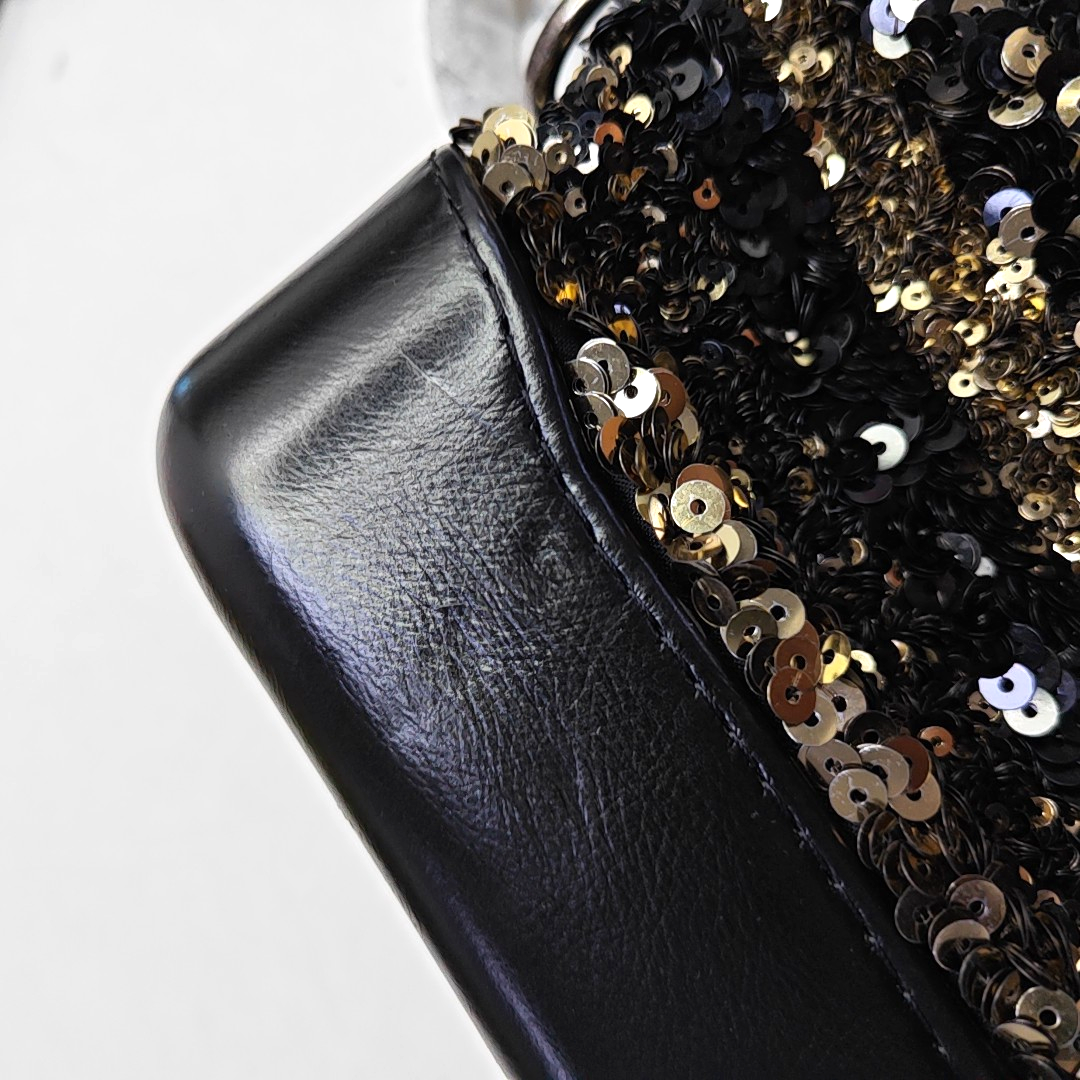 CHANEL GABRIELLE Black Sequined Woven Bag Shoulder Bag Crossbody Bag Rhodium Hardware 26 Clasp Removable Strap-(SKU)-957268642