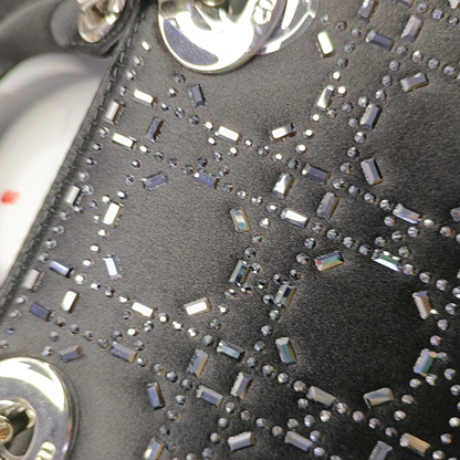 DIOR Lady Dior Mini Black Satin Cannage Quilted Three-Panel Hobo Bag Handbag Crossbody Bag Silver Hardware Removable Shoulder Strap-(SKU)-962820040