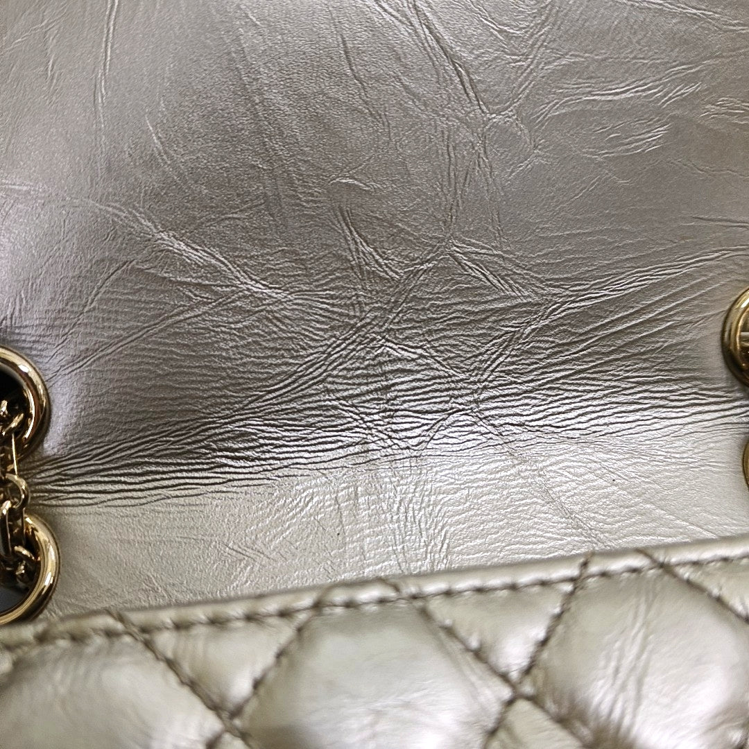 CHANEL 2.55 Small Silver Leather Quilted Chain Shoulder Bag with Gold Hardware, 30 Clasps-(SKU)-965946832
