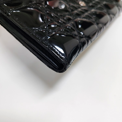 DIOR Lady Dior Black patent leather cannage quilted wallet Silver Hardware-(SKU)-959523317