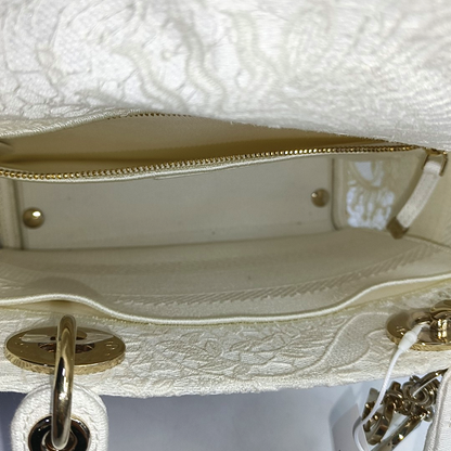 DIOR Lady D-Lite Medium Size White Canvas Embroidered Cutout Crossbody Shoulder Bag with Gold Hardware Removable Shoulder Strap-(SKU)-950358894