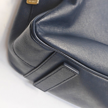 PRADA Vitello Dark blue leather logo crocodile texture handbag Silver Hardware-(SKU)-946699798