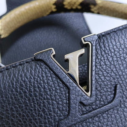 LOUIS VUITTON CAPUCINES Small-sized Black Cowhide Snake Pattern Crossbody Bag Silver Hardware Removable Shoulder Strap-(SKU)-968885422