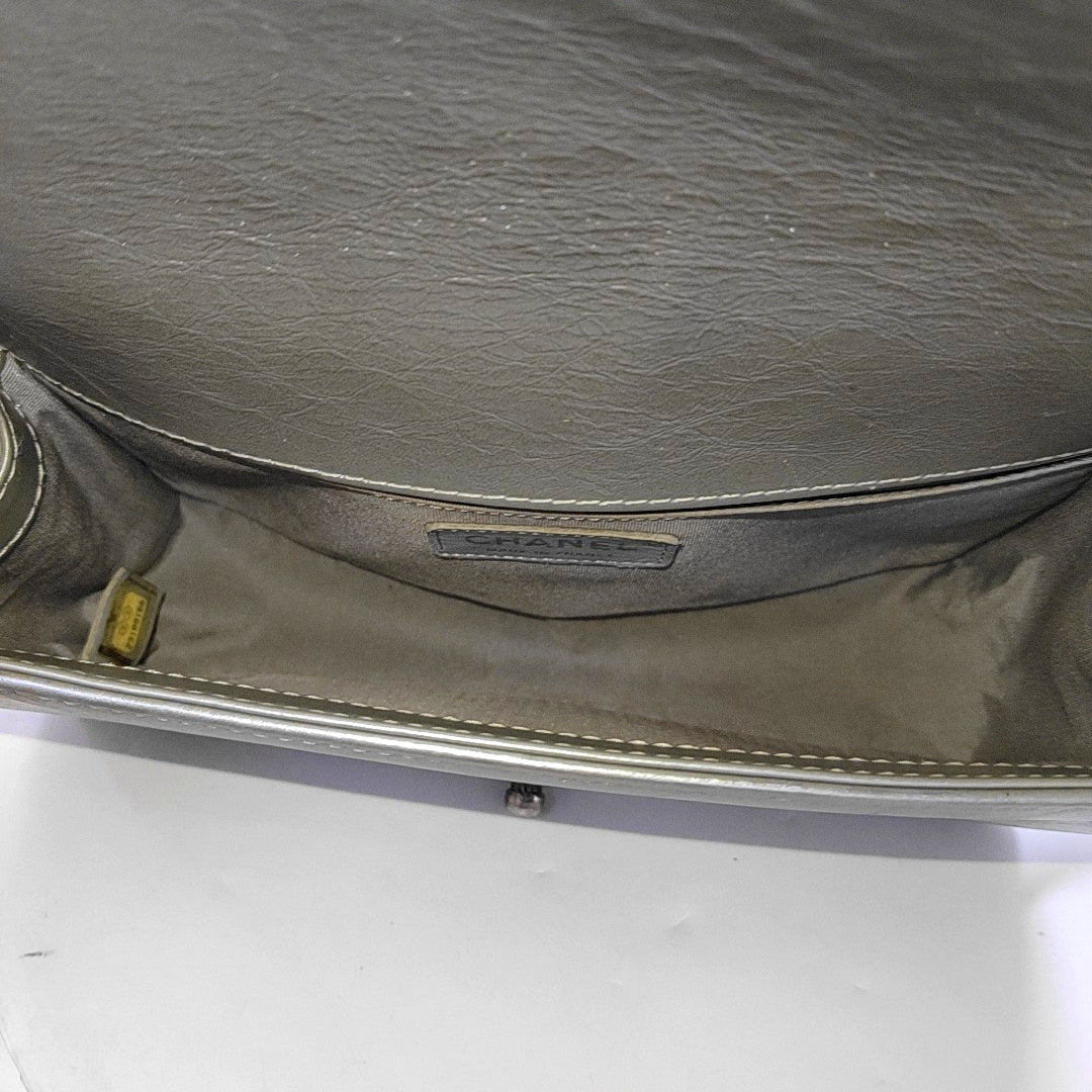 CHANEL BOY CHANEL Medium Silver Calfskin Quilted Shoulder Bag Crossbody Handbag Palladium Hardware 23 Clasp-(SKU)-969782038