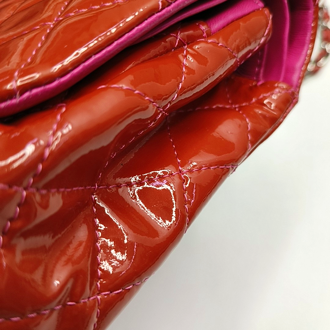 CHANEL CLASSIC FLAP Orange Patent Leather Quilted Crossbody Shoulder Bag with Silver Hardware, 14K-(SKU)-959565194