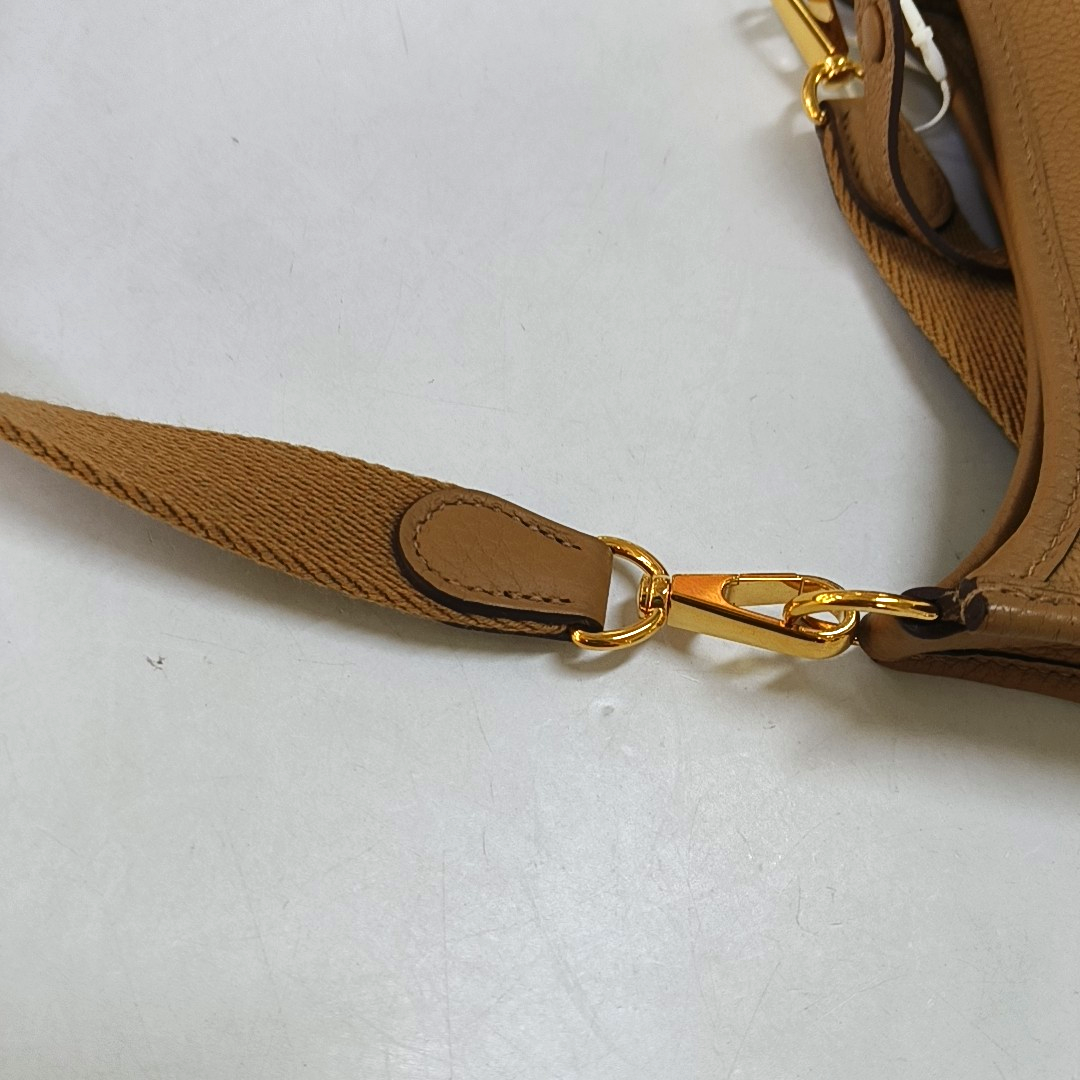 HERMÈS Evelyne TPM Caramel Color Clemence Leather Evelyne TPM Crossbody Shoulder Bag Handbag with Gold Hardware Z Mark Removable Shoulder Strap Full Set of Accessories Included-(SKU)-947423058