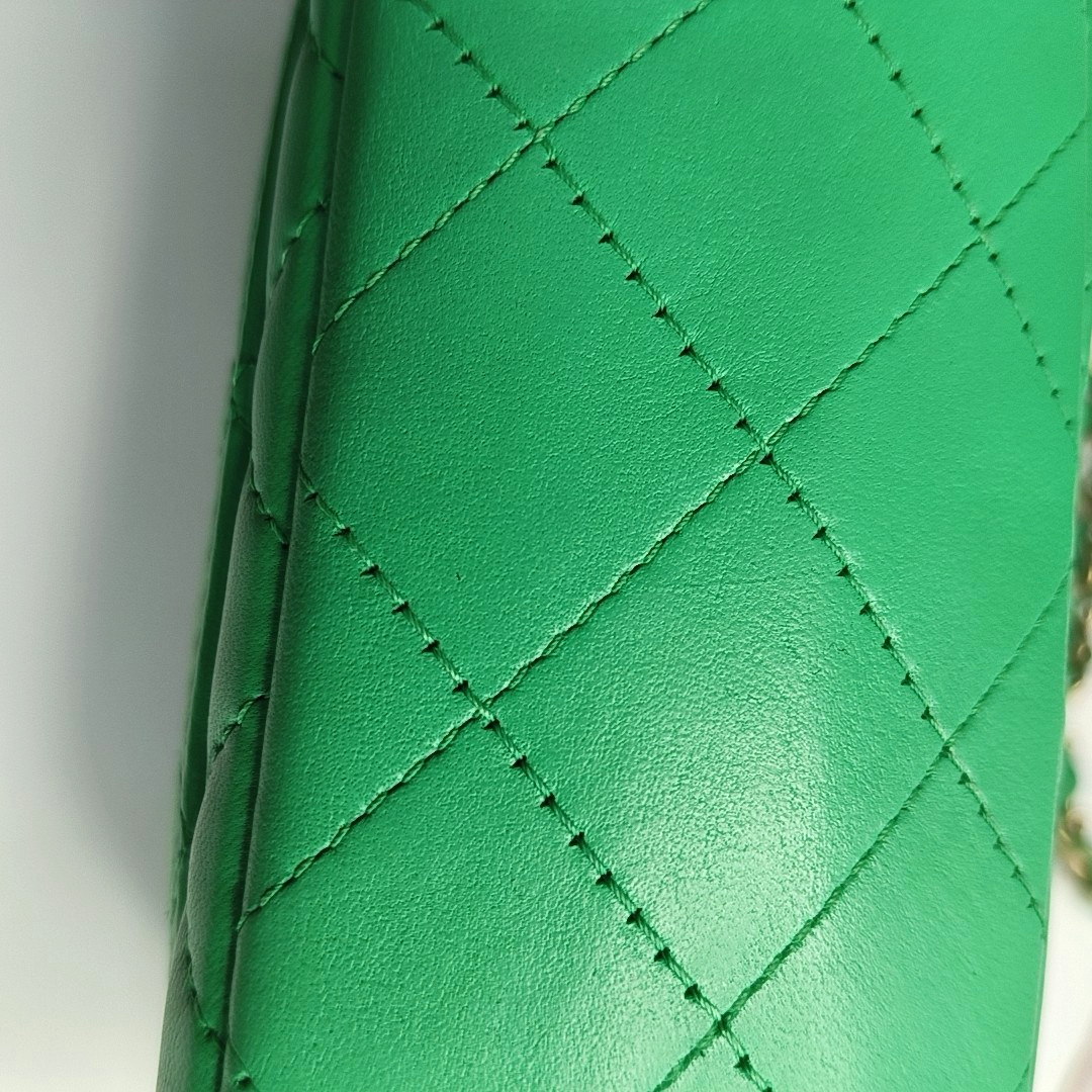 CHANEL CLASSIC FLAP Green Lamb Skin Quilted Monogram Large Mini Crossbody Bag Shoulder Bag 18 Clasp Golden Hardware-(SKU)-964964011