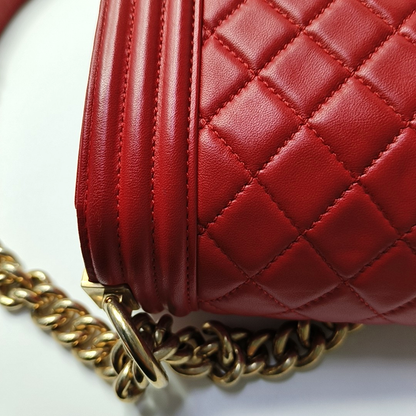 CHANEL BOY CHANEL Medium Size Red Lamb Calfskin Quilted Chevron Single Shoulder Bag Crossbody Bag Gold Hardware 23 Clasp Removable Shoulder Strap-(SKU)-964494003