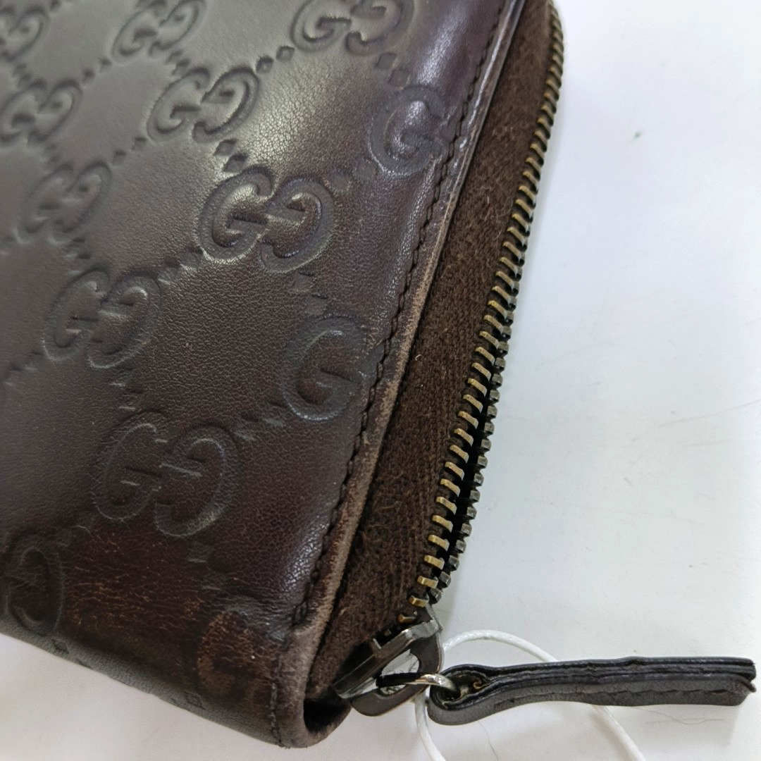 GUCCI Ligne Shima Dark Brown Cowhide Monogrammed Texture Wallet Silver Hardware-(SKU)-946371440