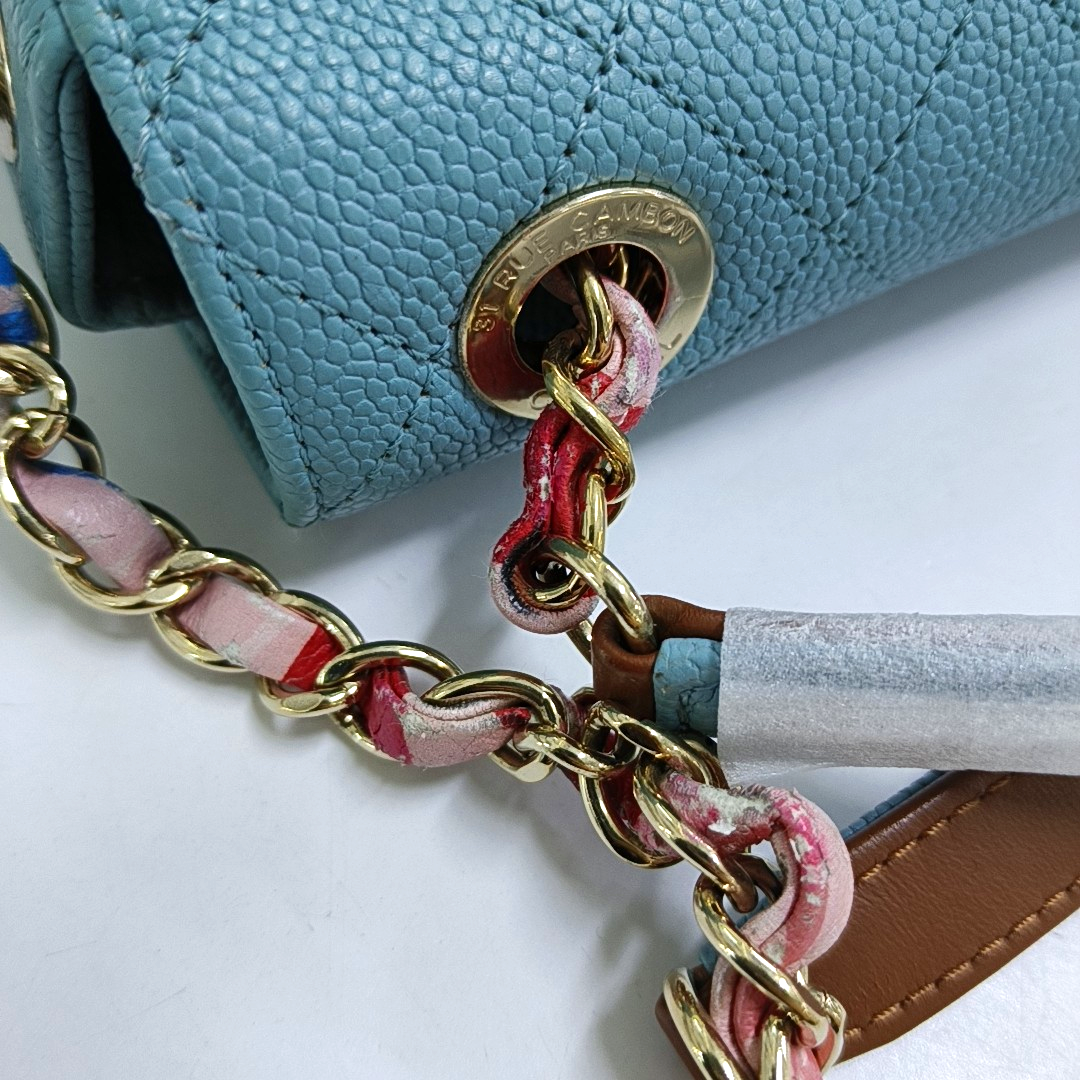 CHANEL THREAD AROUND Light Blue Calfskin Quilted Stitched Crossbody Shoulder Bag Handbag Tote Bag Silver Hardware 23 Clasp-(SKU)-953026490