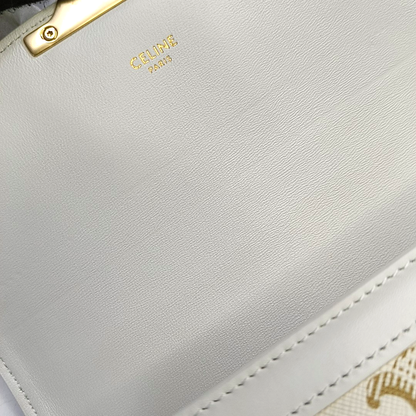 CELINE TRIOMPHE Small White Coated Canvas Triomphe Crossbody Single Shoulder Bag with Gold Hardware-(SKU)-953576570