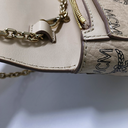 MCM MILLIE  Khaki coated canvas monogram laurel buckle shoulder bag/crossbody bag Golden hardware Removable shoulder strap-(SKU)-942977420