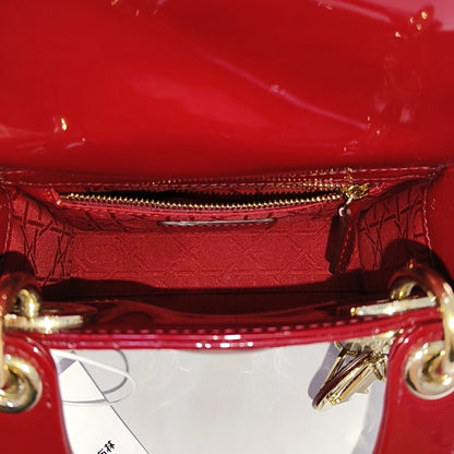 DIOR Lady Dior Mini Red Patent Lambskin Quilted Cannage Three Shoulder Bag, Crossbody Bag, Handbag with Detachable Strap-(SKU)-966772518