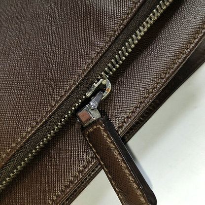 PRADA Dark Brown Cowhide Logo Crosshatch Handbag Silver Hardware-(SKU)-953376928