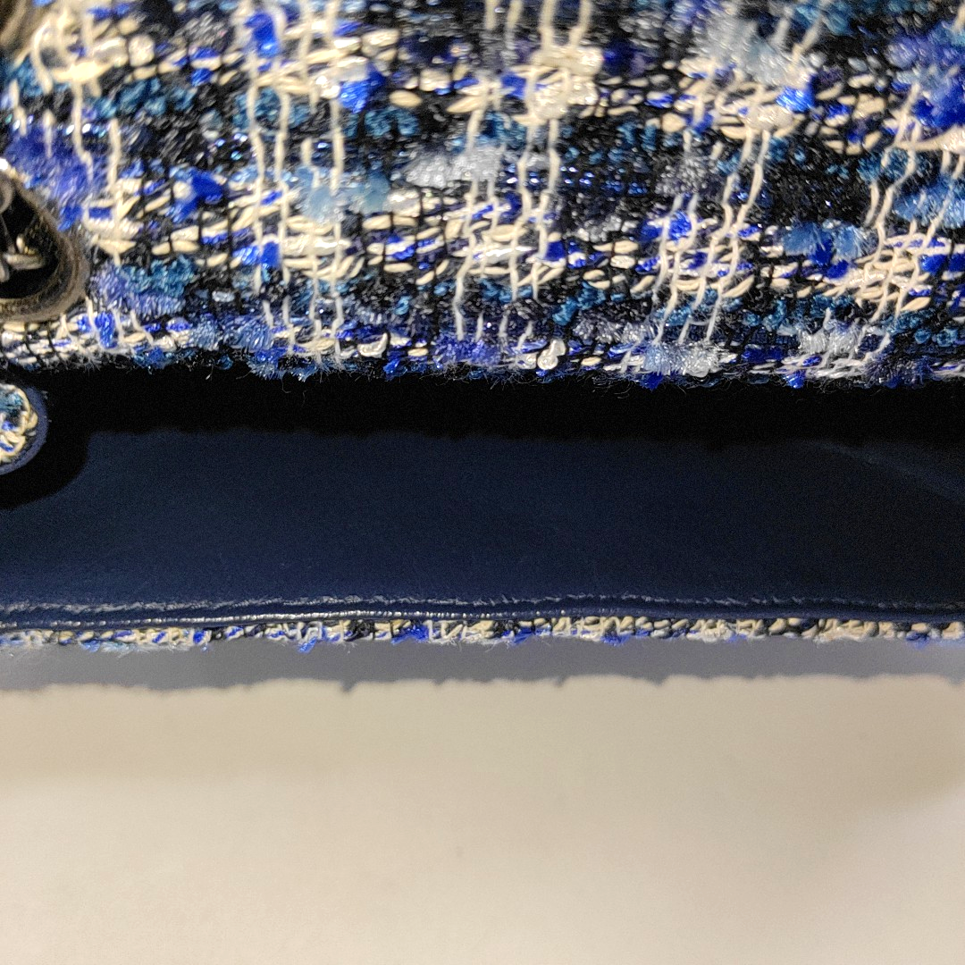 CHANEL 2.55 Mini Blue Tweed Woven Crossbody Shoulder Bag with Black Hardware, 29 Clasps-(SKU)-962059066