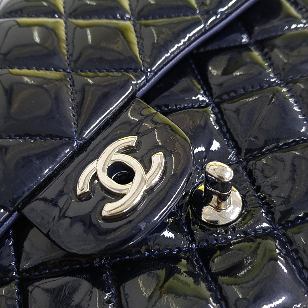 CHANEL CLASSIC FLAP Deep Blue Patent Leather Quilted Bag with Silver Hardware, 19-(SKU)-966563538